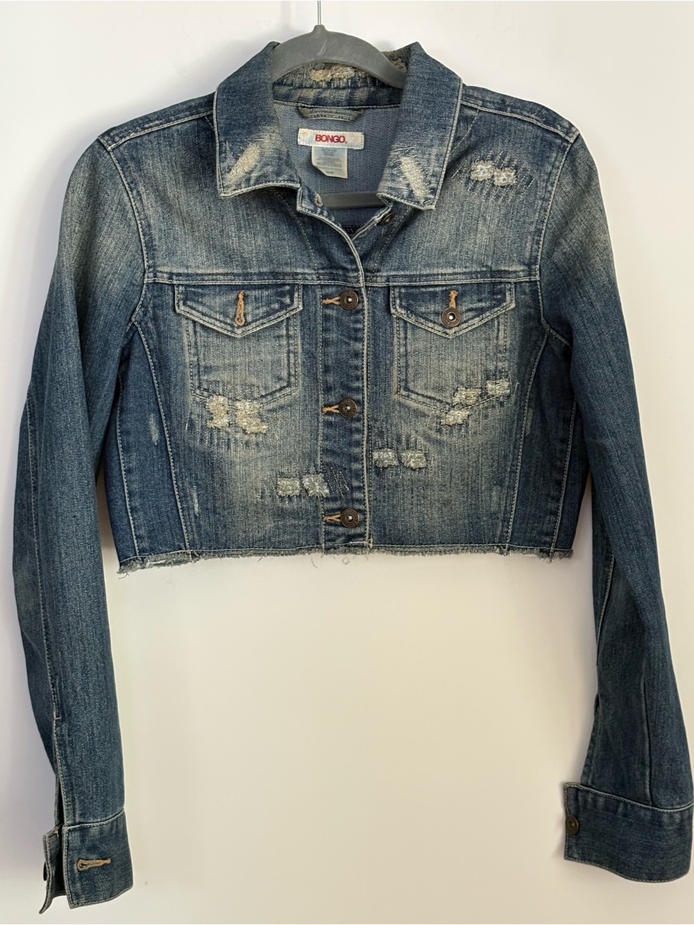BONGO Distressed Cropped Denim Jacket in Faded Blue